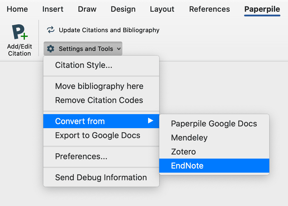 The Paperpile tab in Word with “Settings and Tools” open on “Convert from” and its submenu showing Paperpile Google Docs, Mendeley, Zotero and a highlighted EndNote.